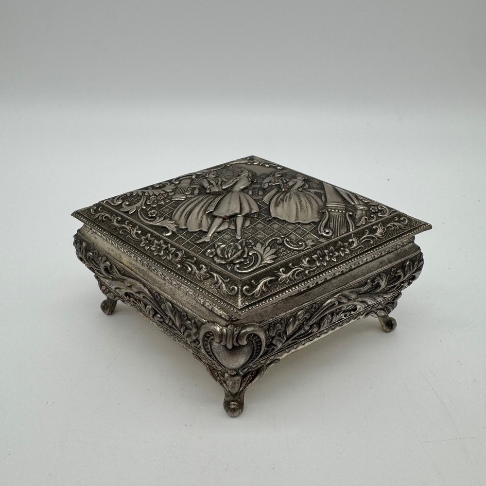 Vtg Ornate Metal Footed Trinket Box Japan Red Velvet Courting Couple Casket 6x4